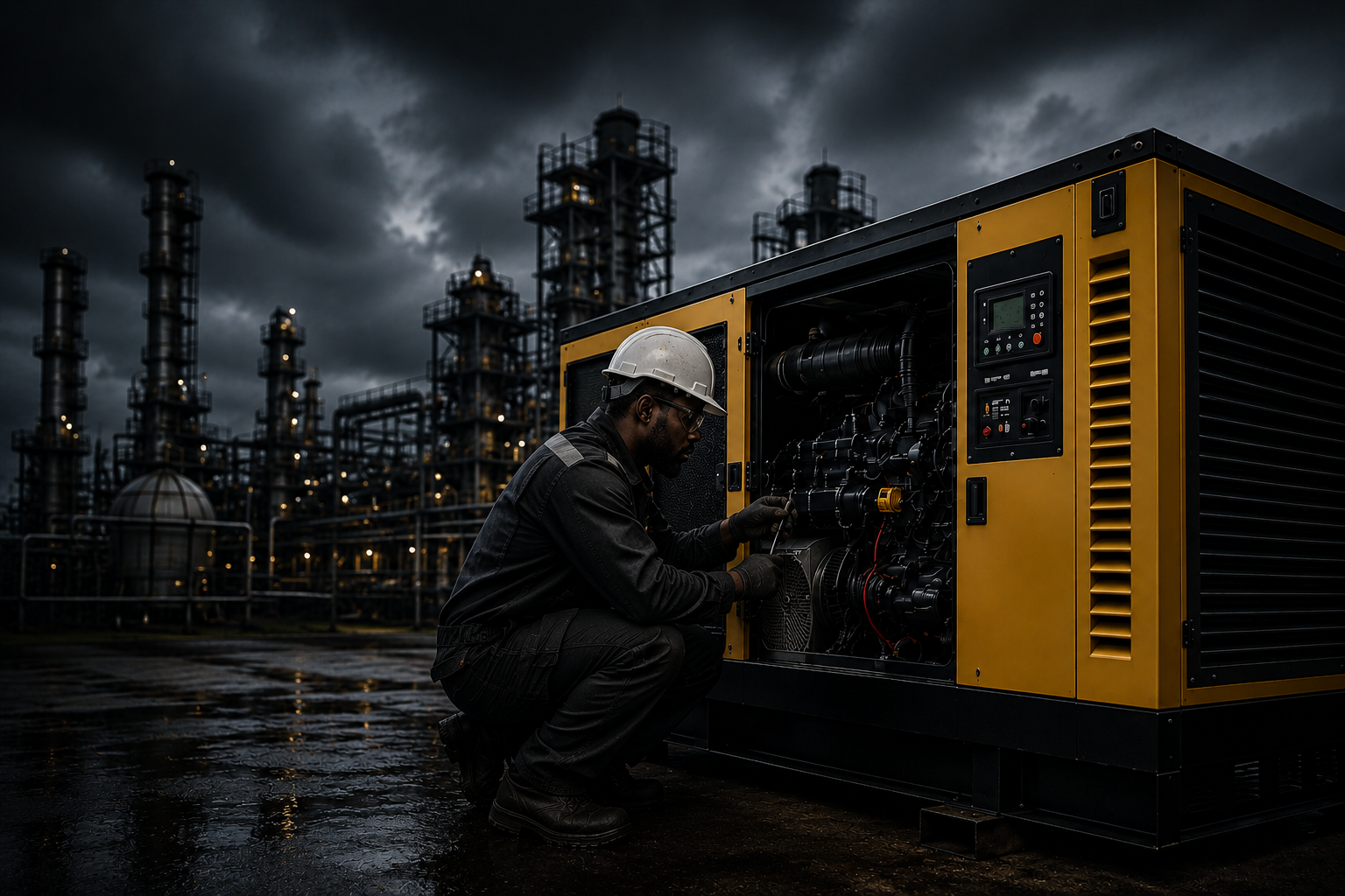Professional generator technician servicing an industrial diesel generator in Gauteng
